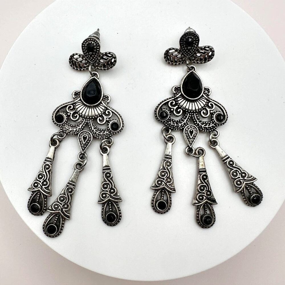 Vintage 90s Silver Tone Chandelier Earrings Black Glass Drop Statement Jewelry